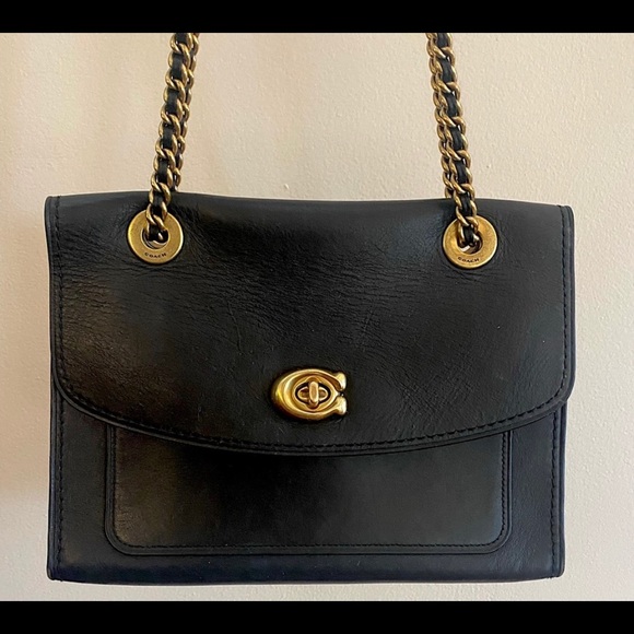 Coach Handbags - Coach black leather handbag Parker gold chain